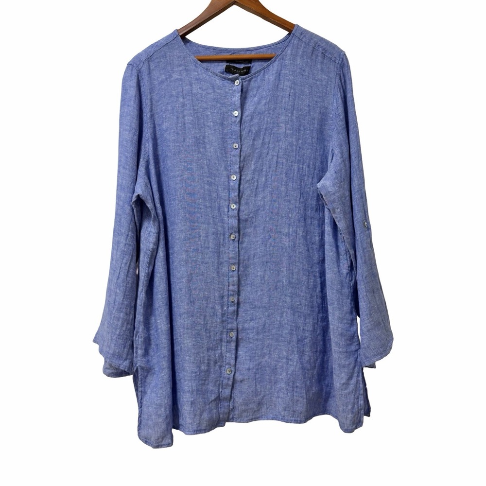 Tahari Womens Linen Roll Tab Long Sleeve Button Up Shirt Size 2X Blue Coastal